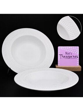 Livingquarters LIQ10 White Embossed Basketweave Rimmed 9" Pasta Soup Bowls Set 2